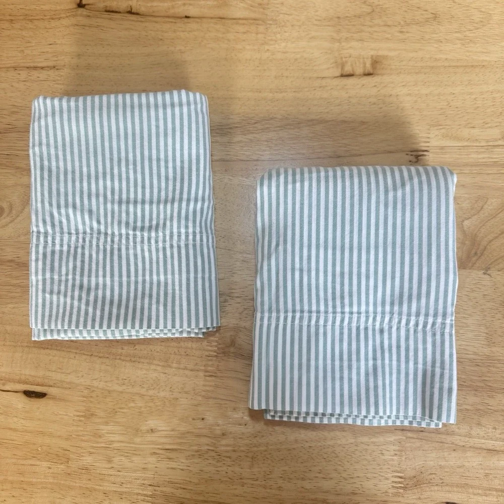 VTG Chambers Oxford Cloth Stripe Sage Green Pair Of Standard Pillow Shams Cotton